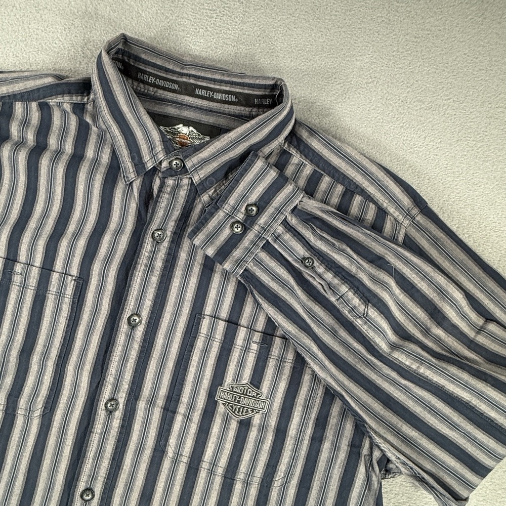 Harley-Davidson Mens Blue Gray Striped Button-Up Long-Sleeve Shirt XL Motorcycle